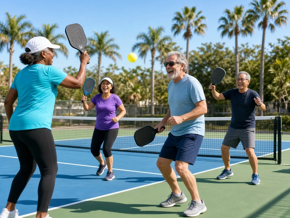 Four laughing older adults playing a doubles pickleball game on a sunny blue and green outdoor court