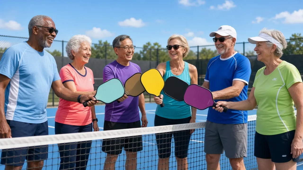 Six smiling older pickleball players tapping colorful paddles together at the net after a game