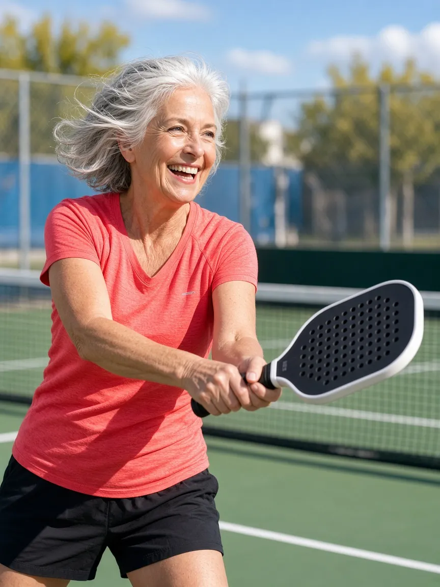 A smiling silver-haired woman in a coral shirt hitting a pickleball forehand on an outdoor court